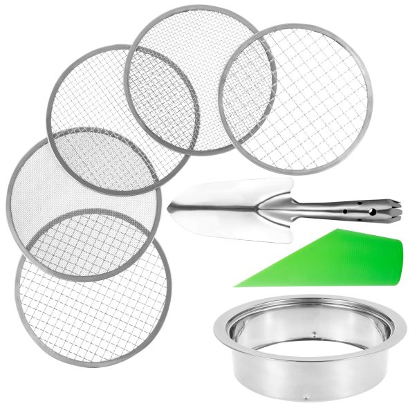 Soil Sieve Set with 5 Interchangeable Filter Mesh, Sizes 1/3/6/9/12mm Stainless Steel Soil Sifter, Rustproof Garden Sieve Detachable Garden Soil Sifter for Gardening