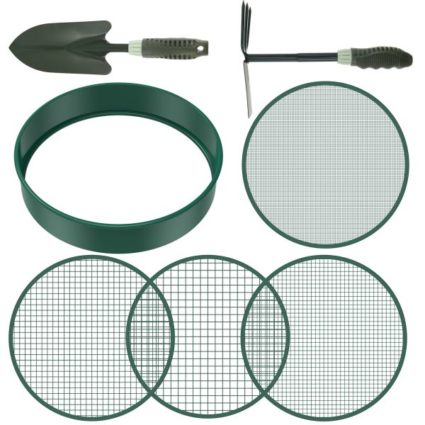 Metal Soil Sieve Set for Gardening Bonsai, Detachable Gardening Sifter Set, Interchangeable Riddle Sieve Set with Shovel and Rake for Soil and Stones