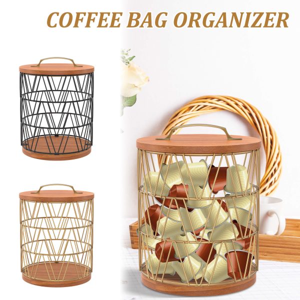 Black Coffee K Cup Holder, Coffee Pod Holder with Wood Base, Large Capacity Coffee Pod Organizer, Espresso Pod Storage Holder, Coffee Bar Basket for Counter