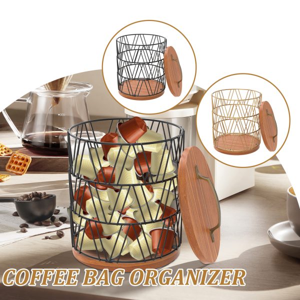 Coffee Pod Organizer with Wood Base, Large Capacity Coffee K Cup Holder, Gold Coffee Pod Holder, Espresso Pod Storage Holder, Coffee Bar Basket for Counter