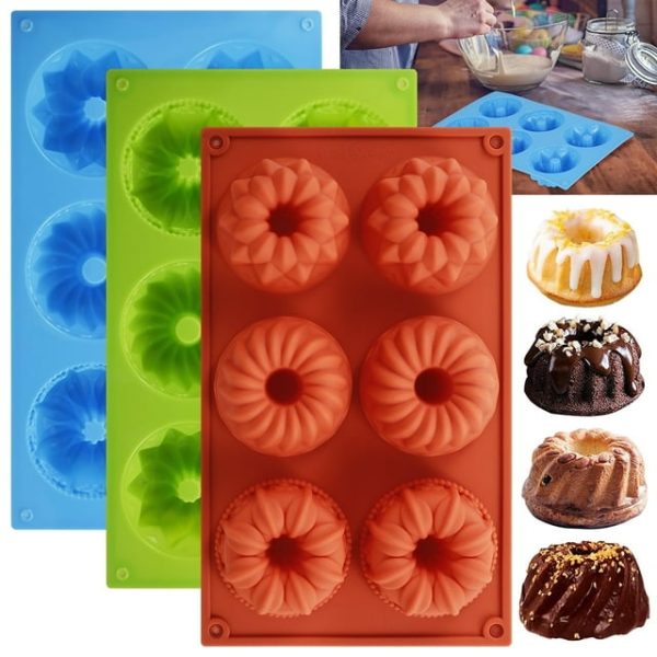 3PCS Mini Bundt Cake Pan, 6Cavity Heritage Bundtlette Cake Silicone Mold for Baking,Non Stick Fancy Molds for Fluted Tube Cake