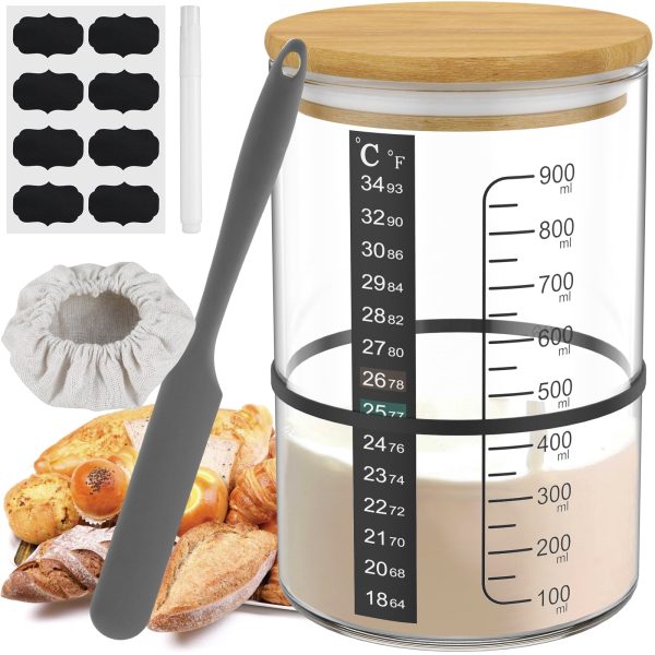 Sourdough Starter Jar Kit 900ml Sourdough Starter Container Clear Glass Cup Wide Mouth with Wooden Lid Thermometer Strip Spatula Rubber Band Cloth Cover Lable Pen for Bread Baking
