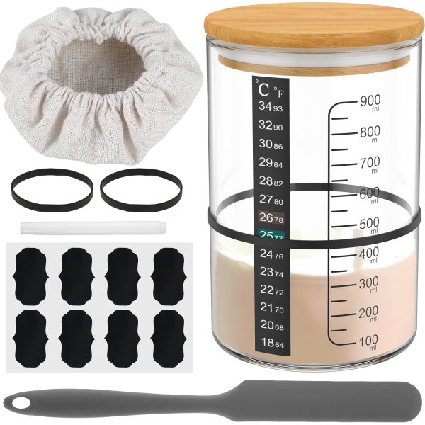 9pcs Sourdough Starter Jar Kit 900ML Large Capacity Sourdough Starter Container with Lid Spatula Marking Tape and Temperature Paper Reusable Wide Mouth Glass Sourdough Fermentation Jar