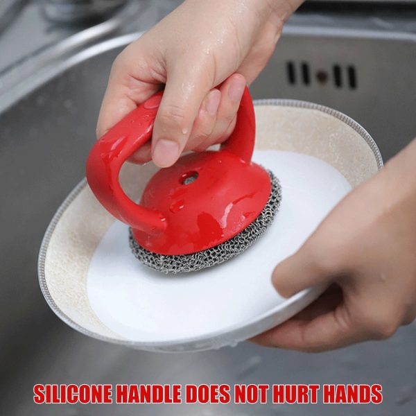 Nyidpsz Stainless Steel Cast Iron Scrubber, Chainmail Scrubber Brush with Handle, Red
