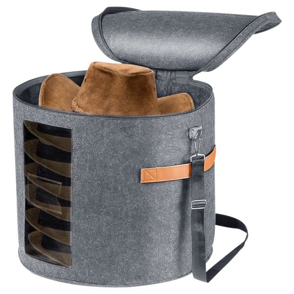 Threns Hat Storage Box Round Hat Organizer Box with Zippered Large Capacity Felt Hat Storage Box,Gray,18.9 ?? 18.9 ?? 17inch