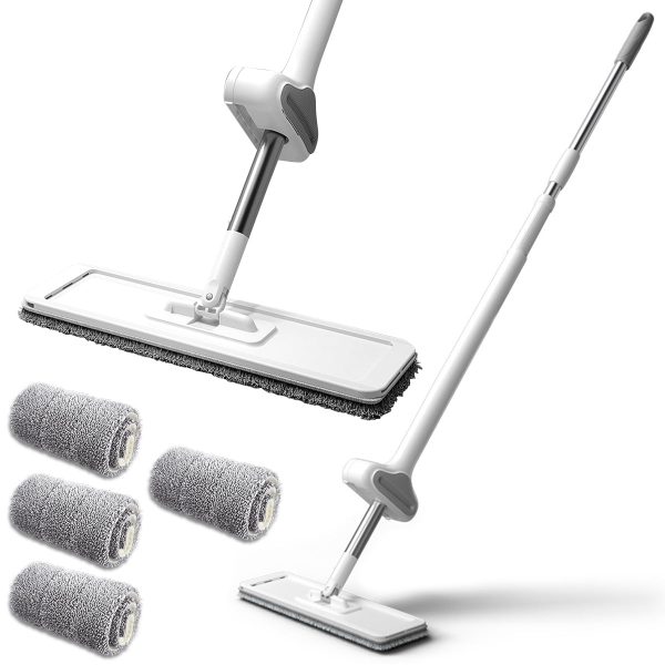 Pluokvzr Microfibre Floor Mop,Flat Mop for Walls Cleaning,Dust Mops with 4 Washable Pads for Home,Long Handle,50",Gray