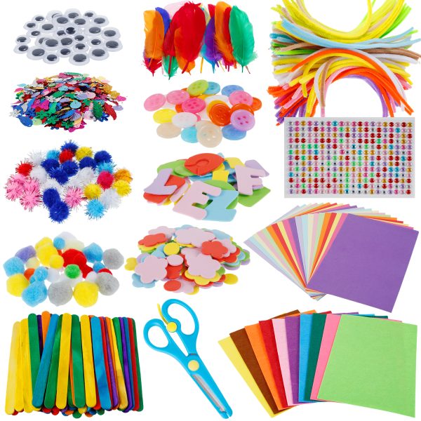 Lzvxtym 1000Pcs DIY Art Craft Kit Craft Art Supply Set Creative Arts and Crafts Kit Included Pipe Cleaners Feather Foam Flowers Letters Sticker Popsicle Sticks Scissors