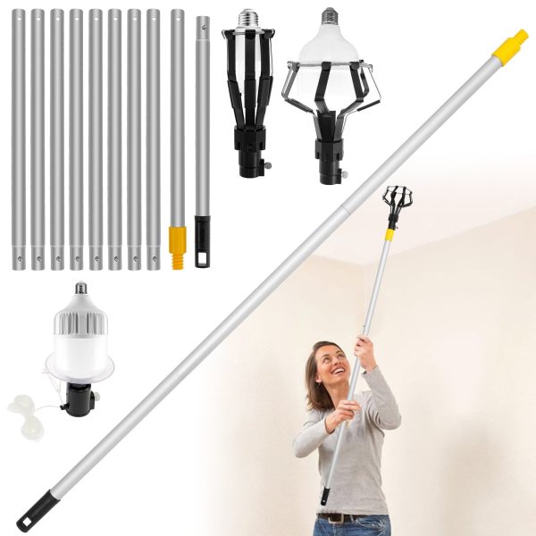 12FT Light Bulb Changer for High Ceilings Lightweight Aluminium Alloy Extension Pole Light Bulb Removal Tool with Baskets and Suction Cup Simple and Safe Replace for Household