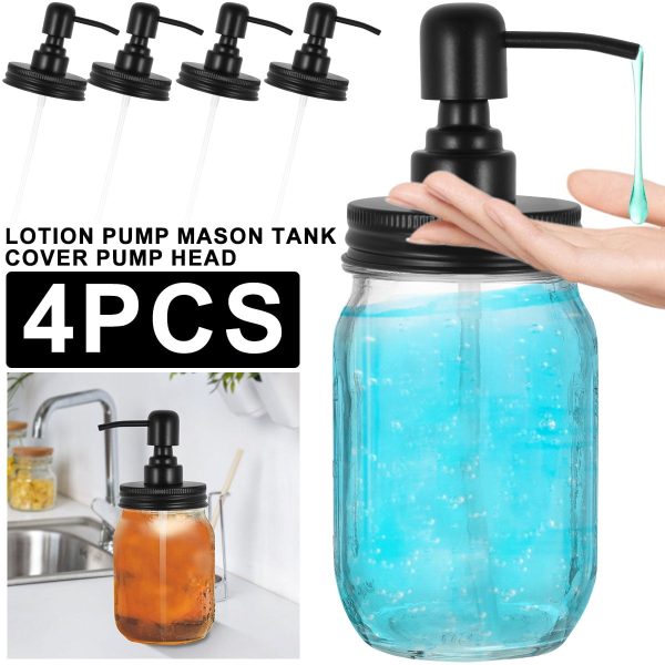 4pcs Mason Jar Soap Dispenser Lids with Pumps, Rustproof Stainless Steel Lotion Dispenser Lids Replacement for Regular Mouth Mason Jar Decor (Black)