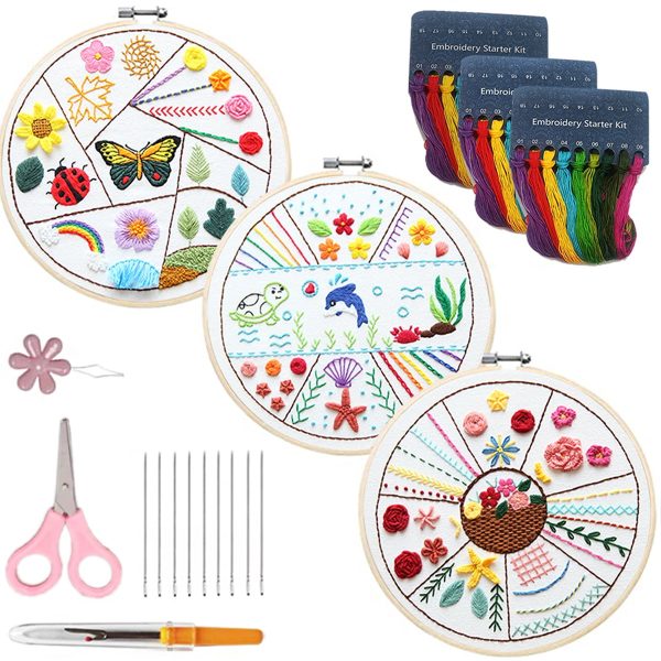 3 Sets Beginners Embroidery Stitch Practice kit, Animal Embroidery Kit for Beginners Include Embroidery Cloth Hoops Threads for Craft Lover Hand Stitch
