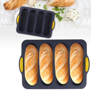 Qenwkxz 4 Slot Silicone Pan Non-Stick French Bread Baking Pan Professional Hot Dog Bun Tray Mold for Homemade Bread Baking 13.39*9.45*0.98in Black