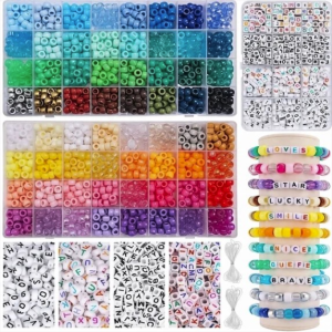 Wekvgz 1977pcs Pony Beads Kit Set Bulk Making 64 Colors Plastic Letter Elastic String Jewelry Making Kit Friendship Bracelet Kits Kandi Beads DIY Birthday Crafts Gift for Girls 6x9mm