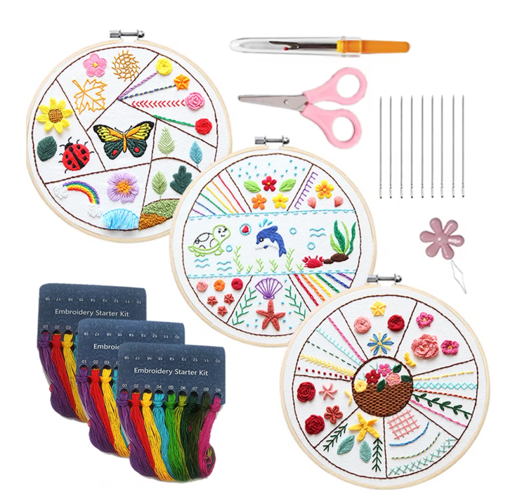 Qenwkxz 18PCS 3 Sets Embroidery Kit Beginners Embroidery Stitch Practice Kit Animal for Beginners Include Embroidery Cloth Hoops Threads for Craft Lover Hand Stitch Diameter 7.87in 19PCS