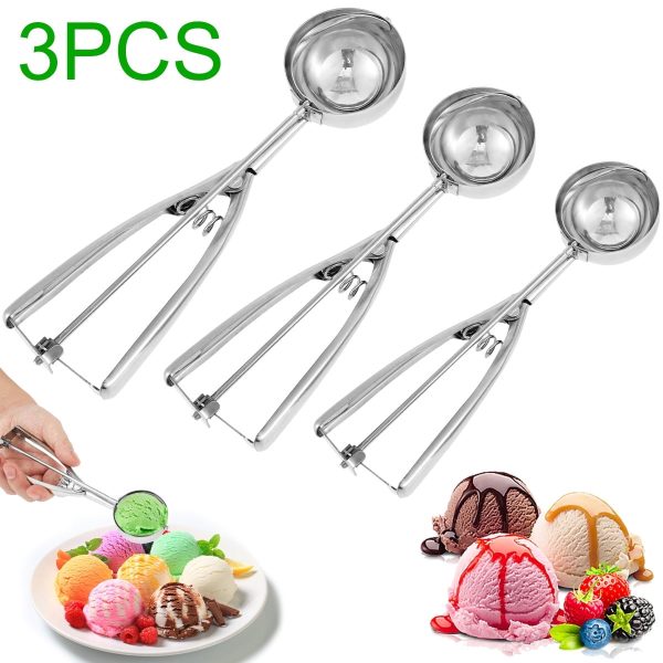 Tzdxfgl 3 Pcs Cookie Scoop Set,Upgraded Stainless Steel Ice Cream Scoop with Trigger Release, Cookie Scooper for Baking, Silver