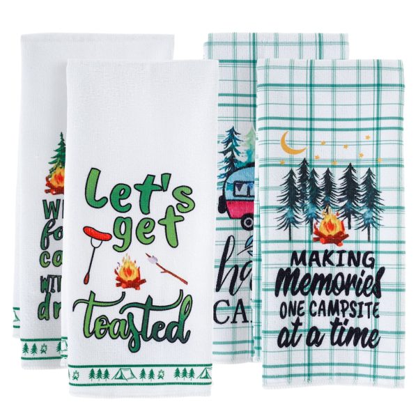 Jokapy 4 Pack Camping Prited Kitchen Towel Set, Microfiber Dishcloths, 16" x 23", Blue and White