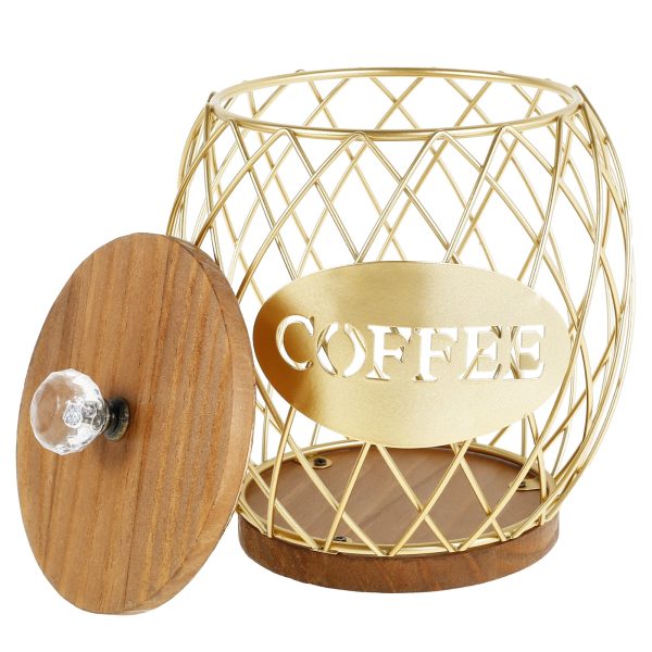 Jokapy Coffee Pod Holders Basket with Wood Lid, Large Capacity K Cup Holders for Counter, Gold