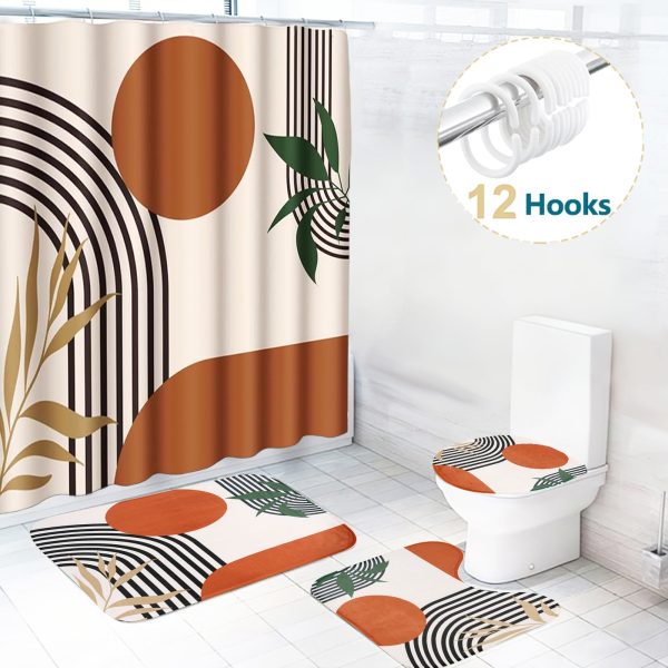 Dznils Abstract Boho Fabric Shower Curtain and Rug Set, 16pc Modern Bathroom Sets, Camel, 72" x 72"