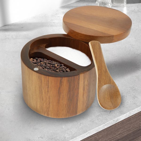 2 Compartments Acacia Wood Salt Bowl, Round Salt Cellar with Built in Spoon and Magnetic Swivel Lid, Kitchen Salt Holder for Storing Salt Pepper Sugar Spice