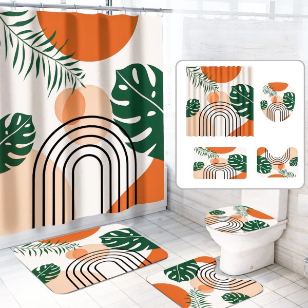 Dznils Abstract Boho Fabric Shower Curtain and Rug Sets, 16pc Modern Bathroom Sets, Brown, 72" x 72"