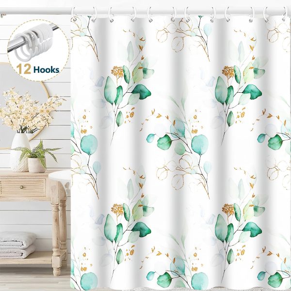 Dznils White Fabric Shower Curtain, Watercolor Green Eucalyptus Floral Pattern with Hooks, 72" x 72"