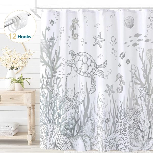 Dznils Nautical Coastal Fabric Shower Curtain, Gray Turtle Bathroom Curtain with 12 Hooks, 72" x 72"