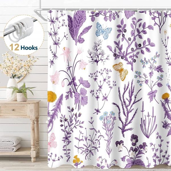 Dznils Purple Floral Fabric Shower Curtain, Waterproof Bathroom Curtain with 12 Hooks, 72" x 72"