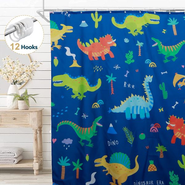 Dznils Dinosaur Kids Shower Curtain, Cartoon Fabric Bathroom Curtain with 12 Hooks, 72" x 72" Blue