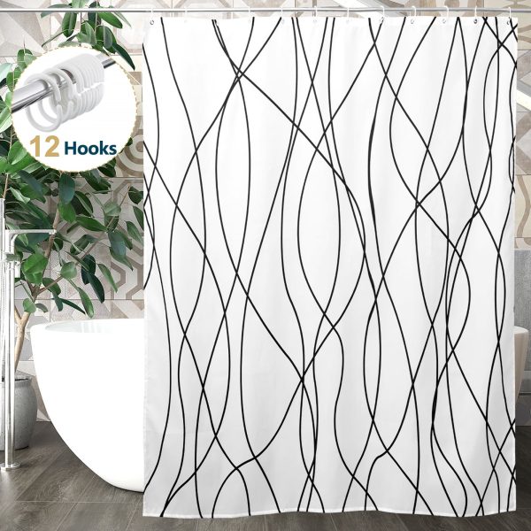 Dznils Striped Polyester Shower Curtain, Black and White Modern Minimalist with Hooks, 72" x 72"