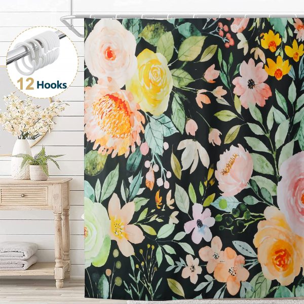 Dznils Boho Floral Fabric Shower Curtain, Modern Bathroom Curtain with 12 Hooks, 72" x 72", Black