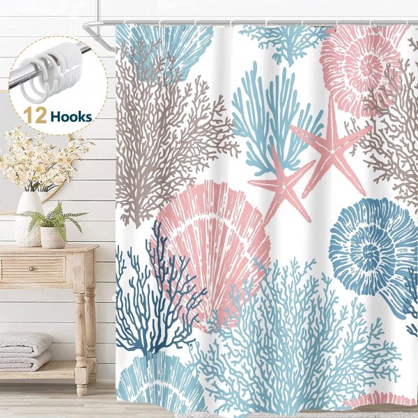 Dznils Nautical Coastal Fabric Shower Curtain, Blue Pink Bathroom Curtain with 12 Hooks, 72" x 72"