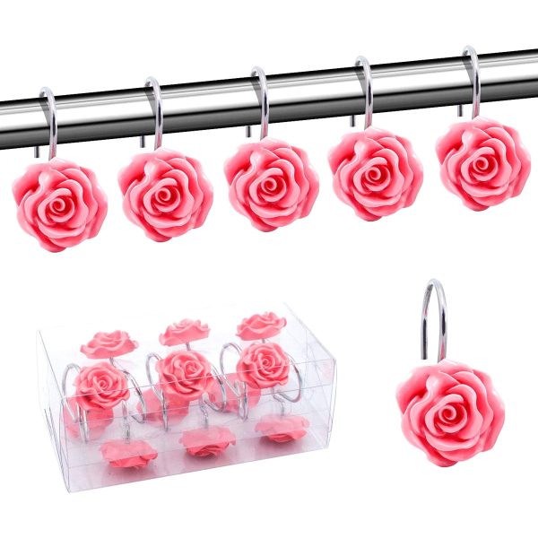 Dznils 12 Pcs Rose Shower Curtain Hooks, Decorative Metal Shower Curtain Rings, Pink
