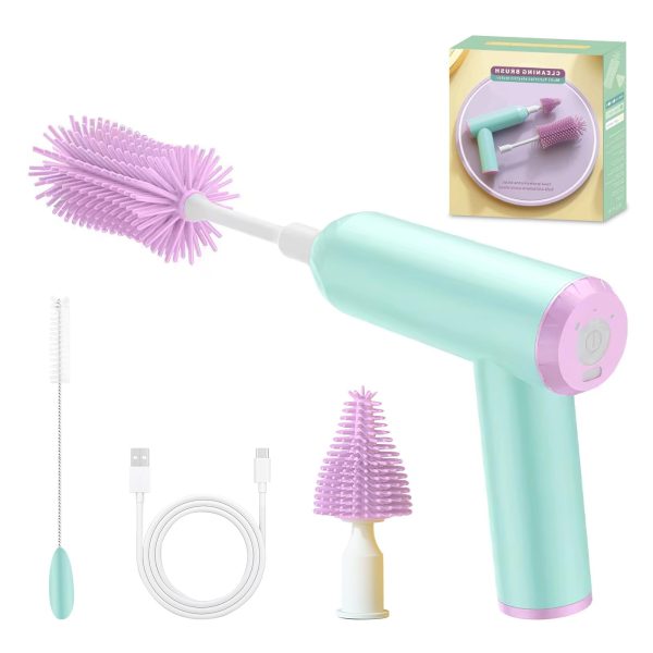 Keyohome Electric Baby Bottle Brush Set, Baby Bottle Brush Cleaner with Silicone Nipple and Straw Brush, Purple
