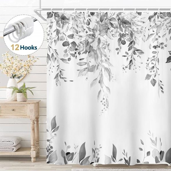 Dznils Gray Eucalyptus Fabric Shower Curtain, Watercolor Floral Pattern with Hooks, 72" x 72"
