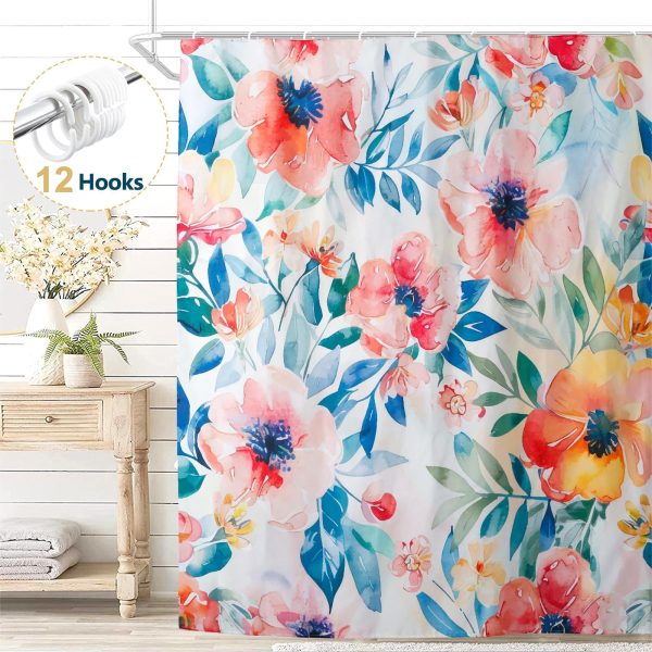 Dznils Boho Floral Fabric Shower Curtain, Modern Bathroom Curtain with 12 Hooks, 72" x 72", Pink