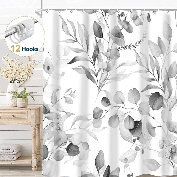 Dznils Gray Eucalyptus Fabric Shower Curtain, Watercolor Botanical Pattern with 12 Hooks, 72" x 72"