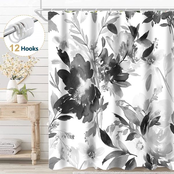 Dznils Black Floral Fabric Shower Curtain, Modern Watercolor Bathroom Curtain with Hooks, 72" x 72"