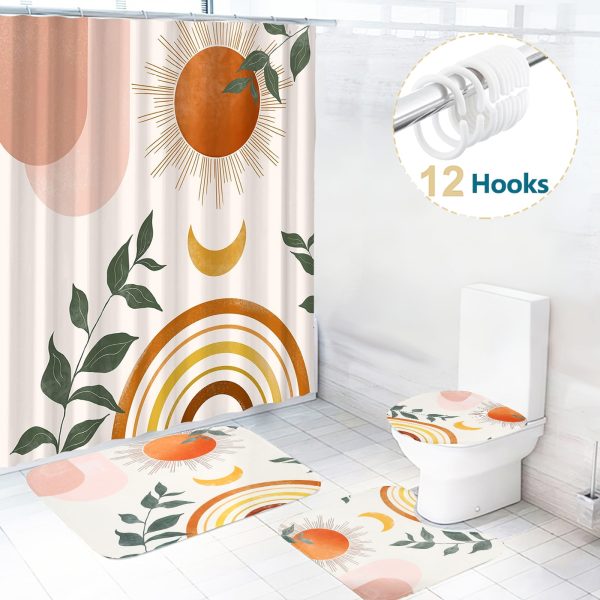 Dznils Abstract Boho Fabric Shower Curtain and Rug Set, 16pc Modern Bathroom Sets, Orange, 72" x 72"