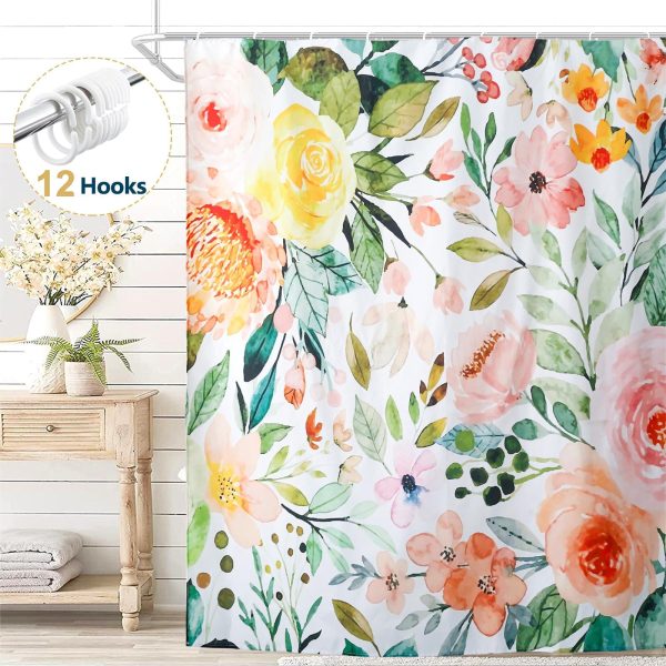 Dznils Boho Floral Fabric Shower Curtain, Modern Bathroom Curtain with 12 Hooks, 72" x 72", White