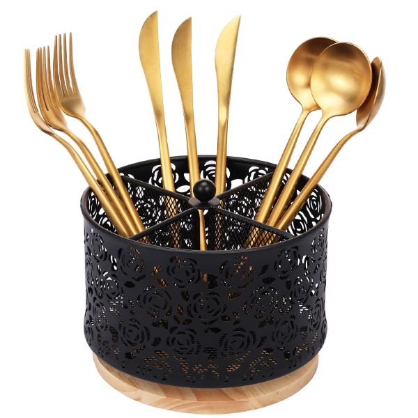Tzdxfgl 360?? Rotating Metal Utensil Holder for Countertop, 4 Compartment Silverware Organizer, Black