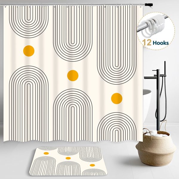 Dznils Boho Fabric Shower Curtains and Bath Rug Set, Modern with Rug & 12 Hooks, Beige, 72" x 72"