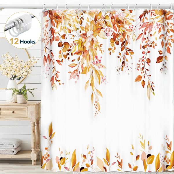 Dznils Orange Eucalyptus Fabric Shower Curtain, Watercolor Floral Pattern with Hooks, 72" x 72"