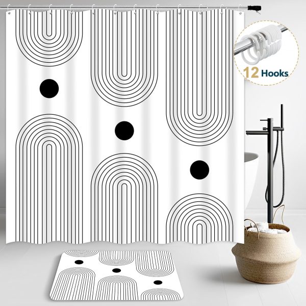 Dznils Boho Fabric Shower Curtains and Bath Rug Set, Modern with Rug & 12 Hooks, White, 72" x 72"