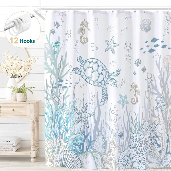 Dznils Nautical Coastal Fabric Shower Curtain, Blue Turtle Bathroom Curtain with 12 Hooks, 72" x 72"