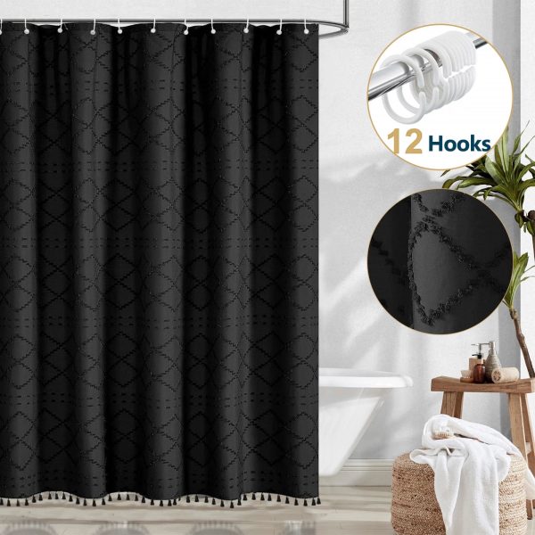 Dznils Black Tassel Shower Curtain with Hooks, Boho Tufted Textured Fabric Bathroom Curtain, 72 x 72