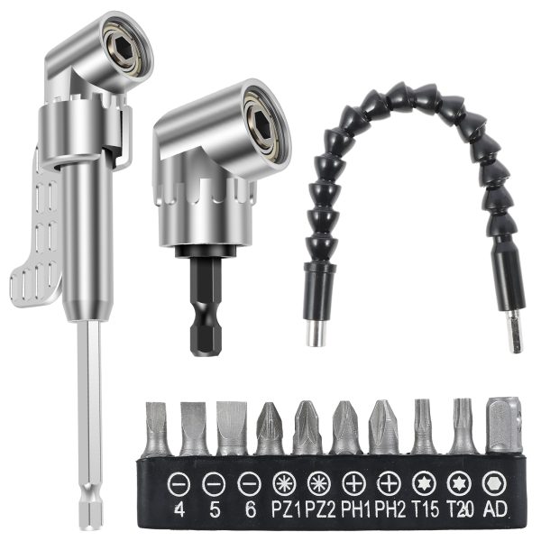105 Degree Right Angle Drill Adapter Set, Chrome Vanadium Steel 105° Right Angle Drill Attachment with Flexible Drill Bit Extension and Bit Corner Tool Screw Hub for Tight Space