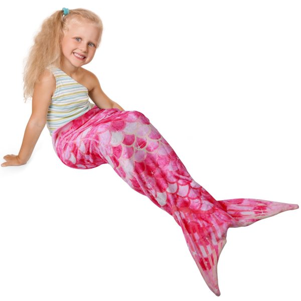 Dznils Mermaid Tail Blanket for Kids, Super Soft Plush Flannel Sleeping Snuggle Blanket, Red