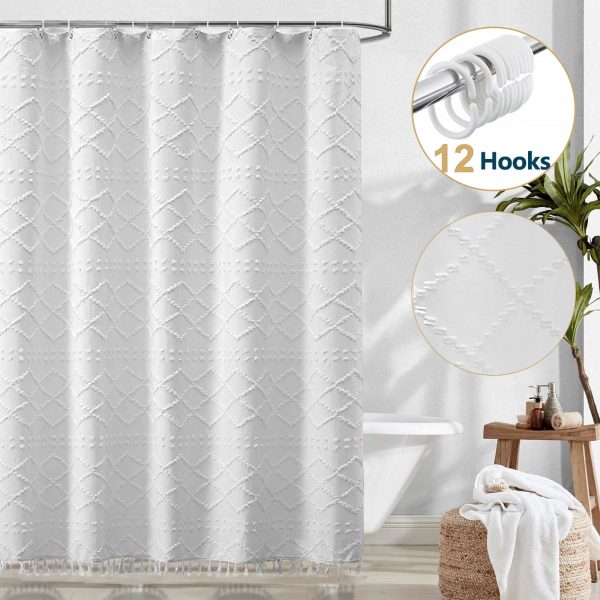 Dznils White Tassel Shower Curtain with Hooks, Boho Tufted Textured Fabric Bathroom Curtain, 72 x 72