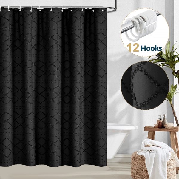 Dznils Boho Shower Curtain, Modern Textured Fabric Bathroom Curtain with 12 Hooks, Black, 72" x 72"