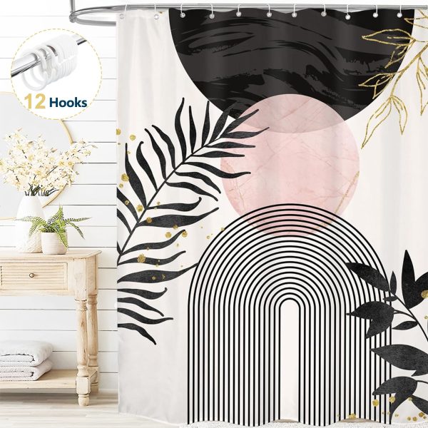 Dznils Boho Shower Curtain with Hooks, Modern Abstract Fabric Bathroom Curtain, 72" x 72", Black