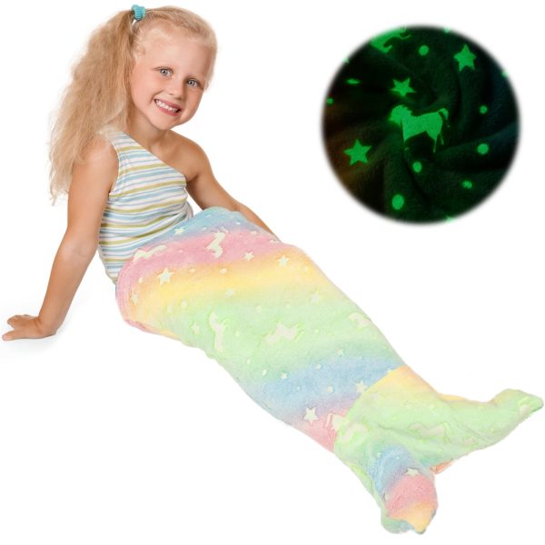 Dznils Glow in The Dark Mermaid Tail Blanket for Kids, Soft Flannel Sleeping Snuggle Blanket, Green